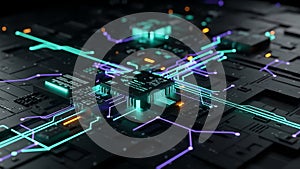 Futuristic AI Processor Circuit Board Data Network glowing lines digital technology dark background