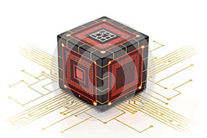 Futuristic AI Processor Core Cube on Circuit Board