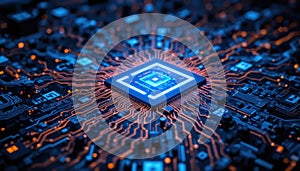Futuristic AI Processor Microchip on Circuit Board