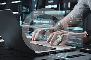 Futuristic AI Programmer Working on Laptop Digital Interface Modern Technology Development Software Coding Web Code Data