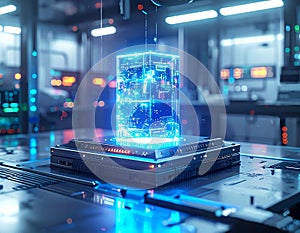 Futuristic AI Quantum Computing Data Cube in High-Tech Server Laboratory, Artificial Intelligence Digital Core Concept