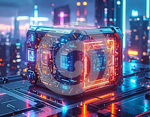 Futuristic AI Quantum Processor Cube with Neon Cyberpunk Technology and Advanced Computing System AI Generated