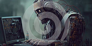 Futuristic AI robot android working on a laptop. Generative AI