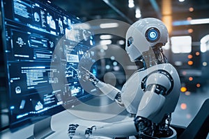 Futuristic ai robot assistant managing data on a digital display