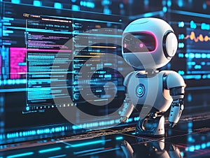 Futuristic AI robot coding on a computer with digital programming interface