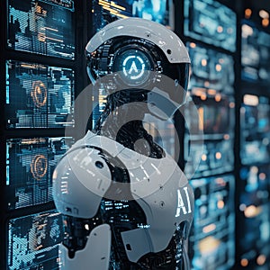 Futuristic ai robot with digital interfaces in high-tech lab
