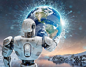 A futuristic AI robot holding a frosty Earth symbolizes reflection on environmental impacts