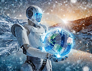 A futuristic AI robot holding a frosty Earth symbolizes reflection on environmental impacts