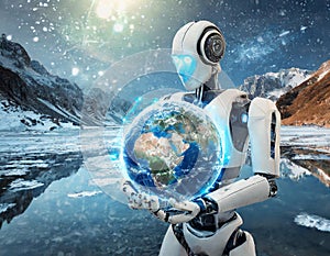 A futuristic AI robot holding a frosty Earth symbolizes reflection on environmental impacts