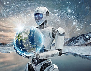 A futuristic AI robot holding a frosty Earth symbolizes reflection on environmental impacts