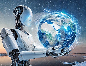 A futuristic AI robot holding a frosty Earth symbolizes reflection on environmental impacts