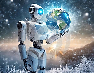 A futuristic AI robot holding a frosty Earth symbolizes reflection on environmental impacts