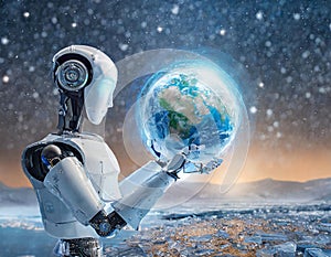 A futuristic AI robot holding a frosty Earth symbolizes reflection on environmental impacts