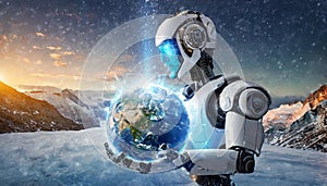 A futuristic AI robot holding a frosty Earth symbolizes reflection on environmental impacts