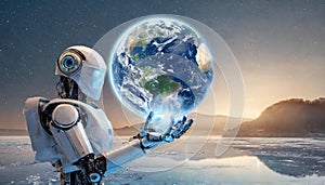 A futuristic AI robot holding a frosty Earth symbolizes reflection on environmental impacts
