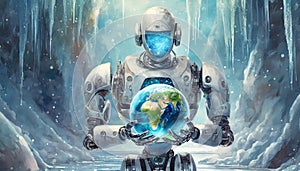 A futuristic AI robot holding a frosty Earth symbolizes reflection on environmental impacts