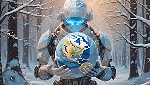 A futuristic AI robot holding a frosty Earth symbolizes reflection on environmental impacts