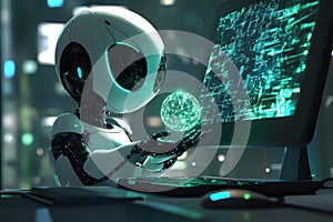 Futuristic AI robot interacting with digital technology in a high-tech environment