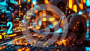 Futuristic AI Robot Operating Advanced Cybersecurity Interface