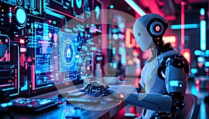 Futuristic AI Robot Operating Advanced Cybersecurity Interface