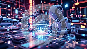 Futuristic AI Robot Operating Advanced Cybersecurity Interface