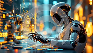 Futuristic AI Robot Operating Advanced Cybersecurity Interface