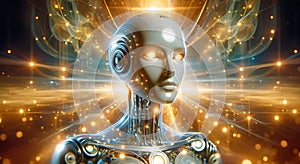 Futuristic AI Robot Portrait. Cybernetic Consciousness in Digital innovation world. AI Animation