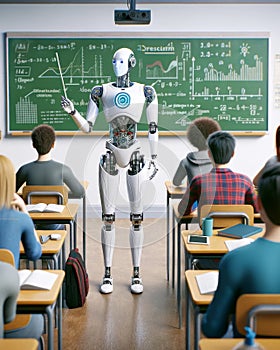 Futuristic AI Robot Professor Teaching High School Students Classroom Cyborg Education Class Desks Artificial Intelligence