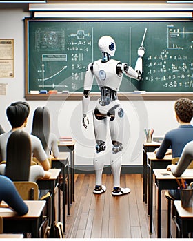 Futuristic AI Robot Professor Teaching High School Students Classroom Cyborg Education Class Desks Artificial Intelligence