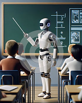 Futuristic AI Robot Professor Teaching High School Students Classroom Cyborg Education Class Desks Artificial Intelligence