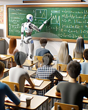 Futuristic AI Robot Professor Teaching High School Students Classroom Cyborg Education Class Desks Artificial Intelligence