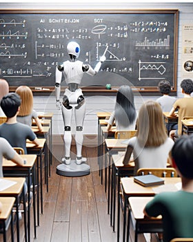 Futuristic AI Robot Professor Teaching High School Students Classroom Cyborg Education Class Desks Artificial Intelligence