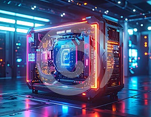 Futuristic AI Server Quantum Computer Cyberpunk Data Center Processor Technology Concept 3D Render