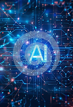 Futuristic AI technology blue holographic network background showcasing artificial intelligence and data analysis