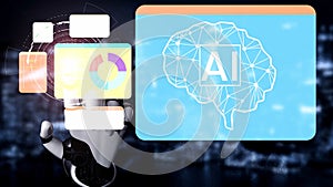 Futuristic AI Technology Concept with Digital Interface and Robotic Hand Interacting with Data Visualizations and Brain