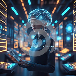 Futuristic AI technology concept with glowing digital interfaces