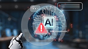 Futuristic AI technology concept with robotic hand interacting with digital interface displaying warning symbol and data