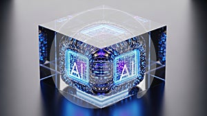 Futuristic AI technology cube with glowing blue circuits and processors