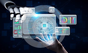 Futuristic AI Technology Interaction with Human Hand and Digital Interface Representing Data and Machine Learning