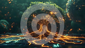 Futuristic ai tree with digital roots and glowing technology elements