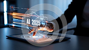 Ai visualization on tablet with hand touching screen displaying futuristic technology concept
