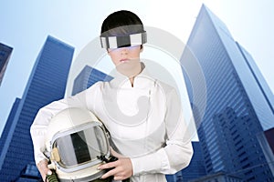 Futuristic aircraft helmet astronaut woman