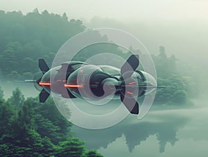 Futuristic Aircraft Hovering over Misty Forest