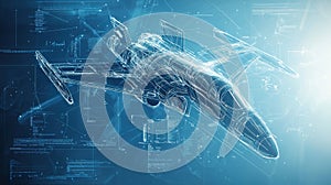 Futuristic Airplane Blueprint with Digital Interface and Data Streams