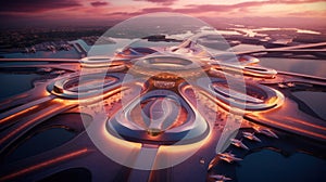 Futuristic Airport or spaceport Building. Iconic space structure aerial view.