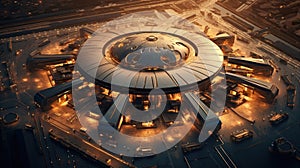 Futuristic Airport or spaceport Building. Iconic space structure aerial view.