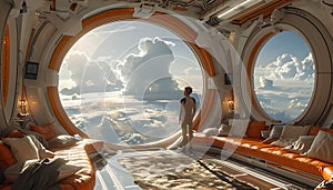 Futuristic Airship Interior with a View of the Clouds Above Mountains. Conceptual and Stylish Design for Luxury Travel