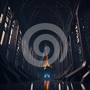 Futuristic Alien Mothership Hall, Flying Castle, Throne Room Interior Hallway, Dark with Lights Glowing, Generative AI