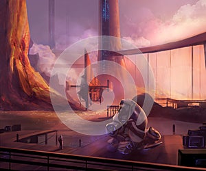 Futuristic alien planet docks station landscape artwork.