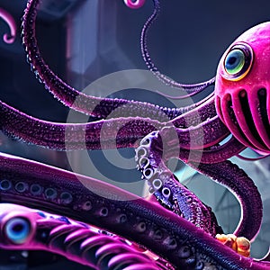 Futuristic aliens with tentacles. 3D illustration of science fiction space invaders galaxy monsters